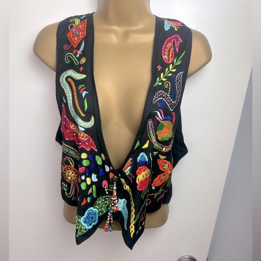 Extra Sportswear‎ Black/Colorful Embroidery Floral  Beaded Sequin Vintage Vest S